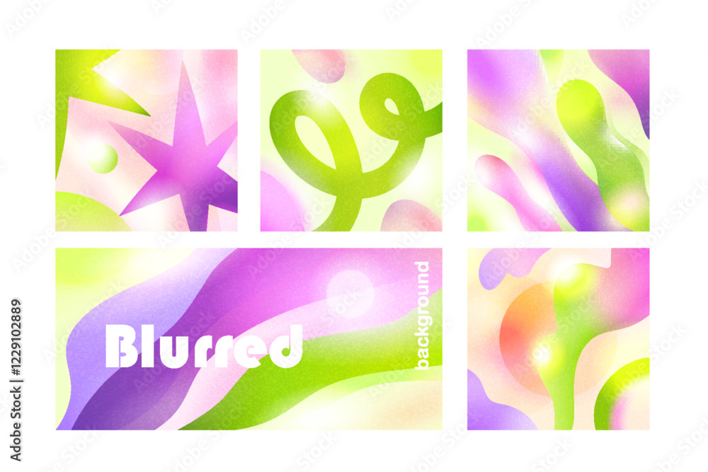 Poster Abstract gradient mesh backgrounds with smooth flowing colors, blurred shapes, fluid patterns. Modern cards, banner design with soft blurry textures, light glowing effects. Flat vector illustrations