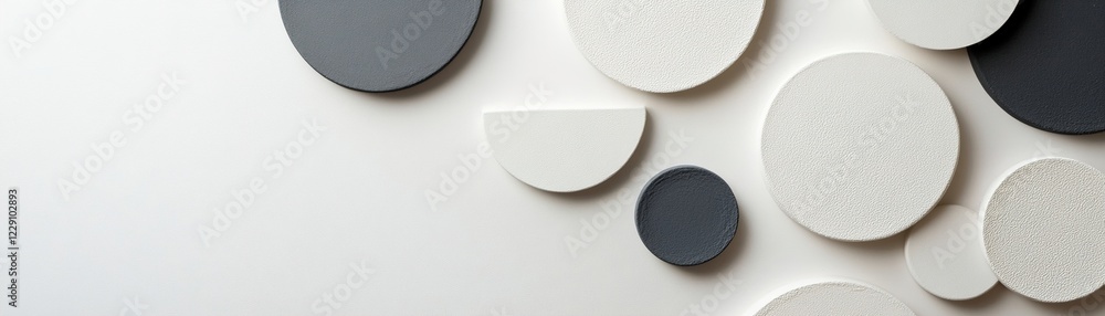 Poster circular shapes in black and white overlap artistically against a minimalist backdrop. this design c