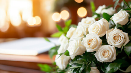 Obraz premium Hands, rose and a person at a funeral in a cemetery in grief while mourning loss at a memorial service. Death, flower and an adult in a suit at a graveyard in a crowd for an outdoor burial closeup
