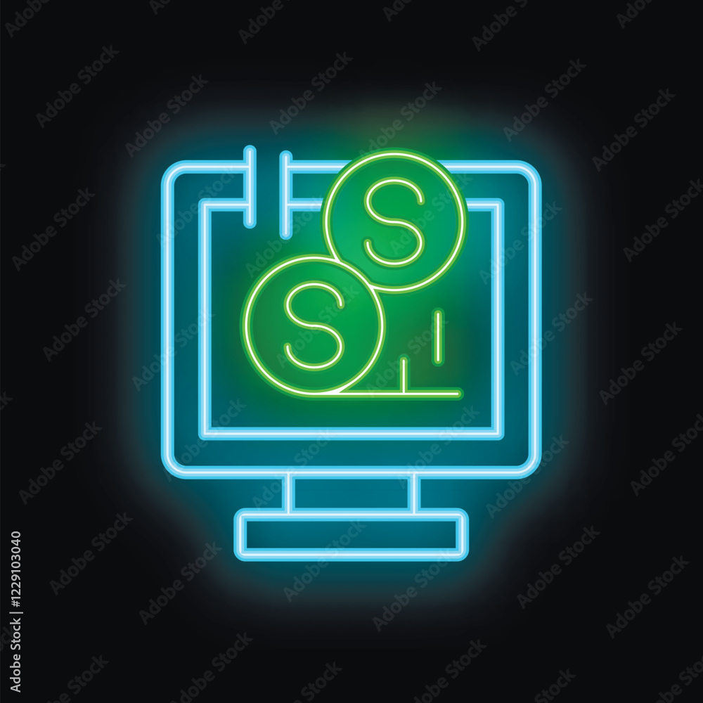 Aufkleber glowing neon icon of a computer screen with a bar chart and dollar coins, symbolizing online busines
