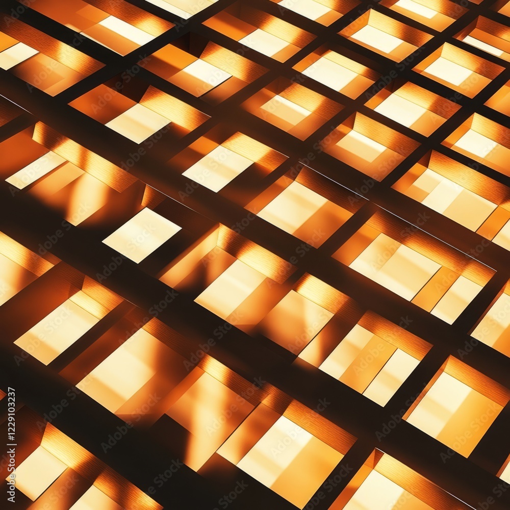 Poster a captivating abstract image featuring a geometric pattern with warm golden light and shadows, perfe