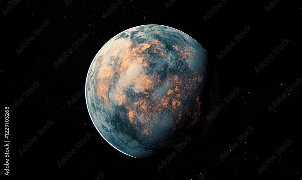 Poster exoplanet with unique surface features and atmospheric hues, displaying intriguing geological patter