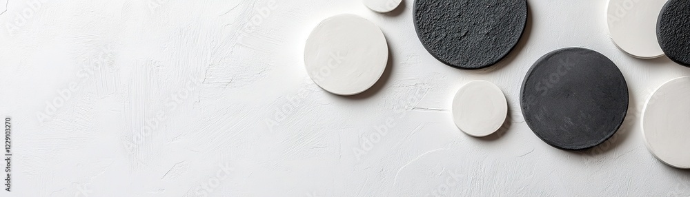 Poster circular shapes in black and white overlap on a light, textured surface, creating a visually strikin