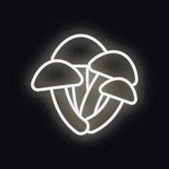 White neon sign illuminating a group of four mushrooms with a bright white light