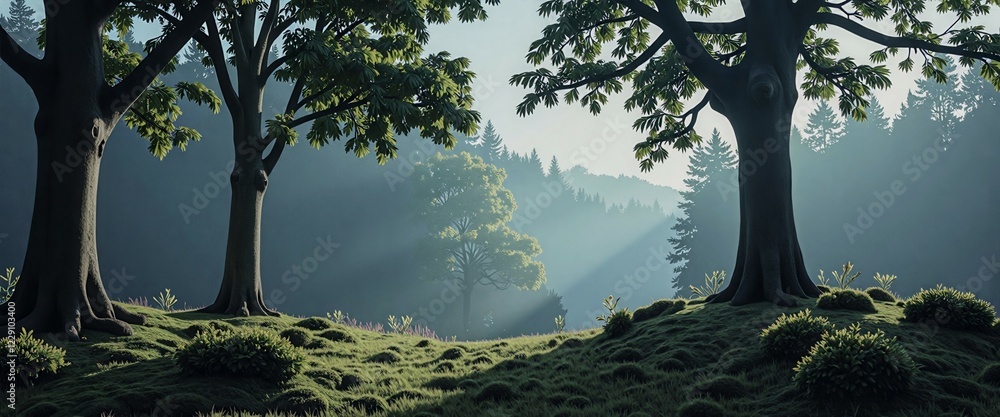 Poster a forest with three trees in the foreground and a field in the background. the trees are tall and th