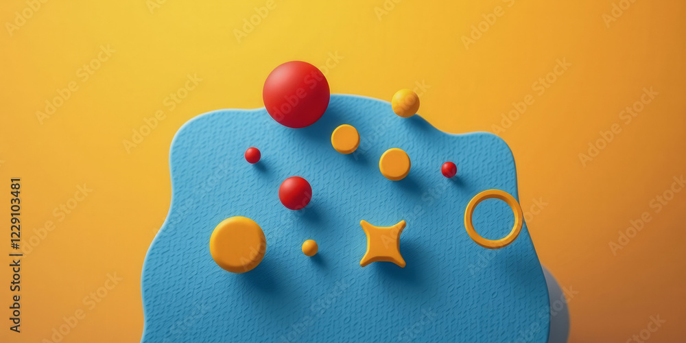 Poster a blue and yellow background with a bunch of different colored balls scattered around. the balls are