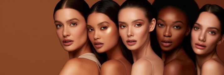 Obraz premium Explore a collection of diverse beauty portraits featuring multicultural women with radiant skin tones. Perfect for advertisements, cosmetics, fashion, makeup, models, and photoshoots