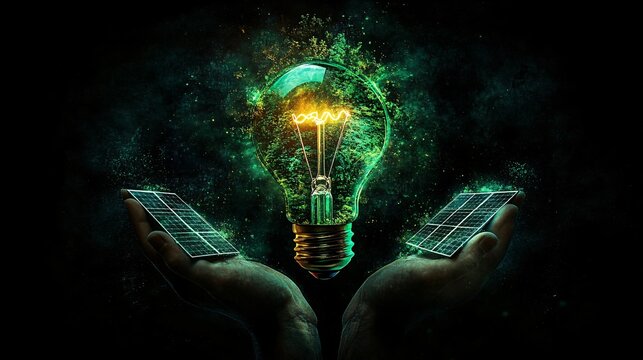 Light bulb glowing with green energy, symbolizing renewable power, with hands gently protecting forests and solar panels, showcasing Earth Day sustainability.