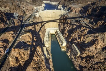 View from the Hoover Dam Bypass Bridge to the dam wall of the Hoover Dam, Hoover Dam, Dam, near Las...