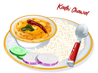Indian Kadhi Chawal Plate with Spoon, Sliced Onions and Cucumbers. Authentic Asian Cuisine Detailed Illustration