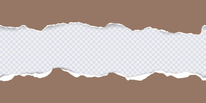 Mocha Mousse color of the year 2025. Seamless pattern of horizontal torn stripes paper with torn adges and soft shadow. Design template for text or message on transparent background. Vector