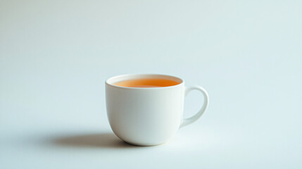 A white ceramic cup filled with warm amber tea placed in a soft minimalist environment evoking tranquility relaxation and mindfulness  
