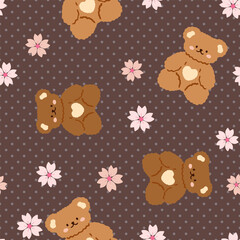 Cute kawaii teddy bear on a deep brown background with polka dot texture and sakura flowers, seamless pattern.