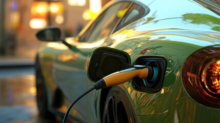 Closeup of power supply plugged in modern electric car battery. Electric vehicle charging at fuel station. Eco friendly alternative transport hybrid car in charge with the power cable supply plugged.