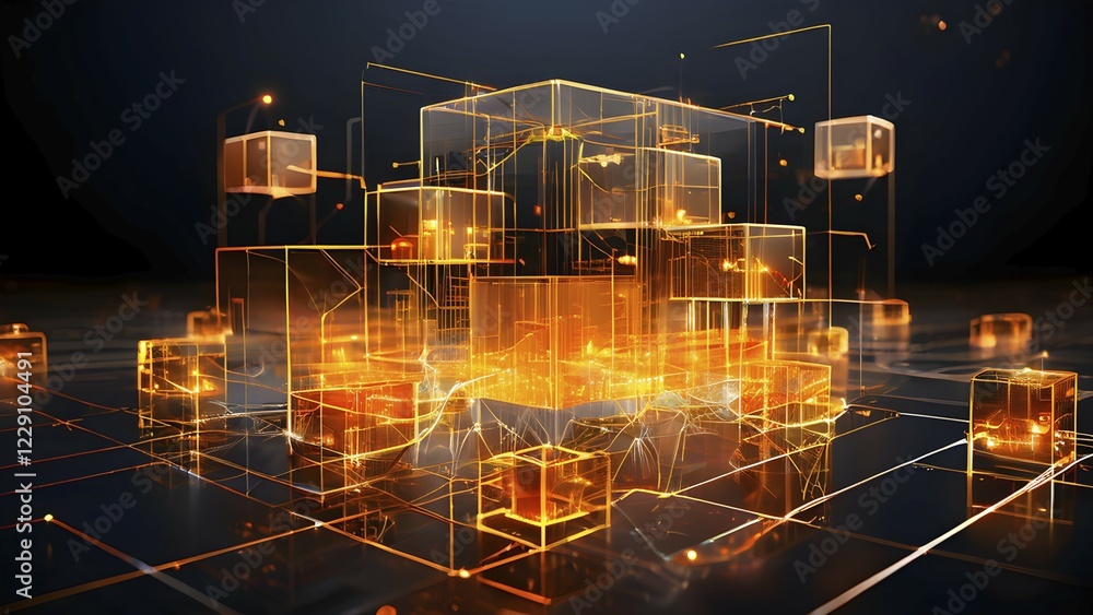 Poster 3d render of a cluster of interconnected geometric cubes forming a complex network, ai generated