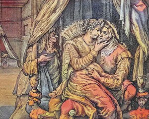 Naklejka premium In the Women's House, copperplate engraving by Matham, 1530, digitally restored reproduction of a 19th century original, exact original date not known