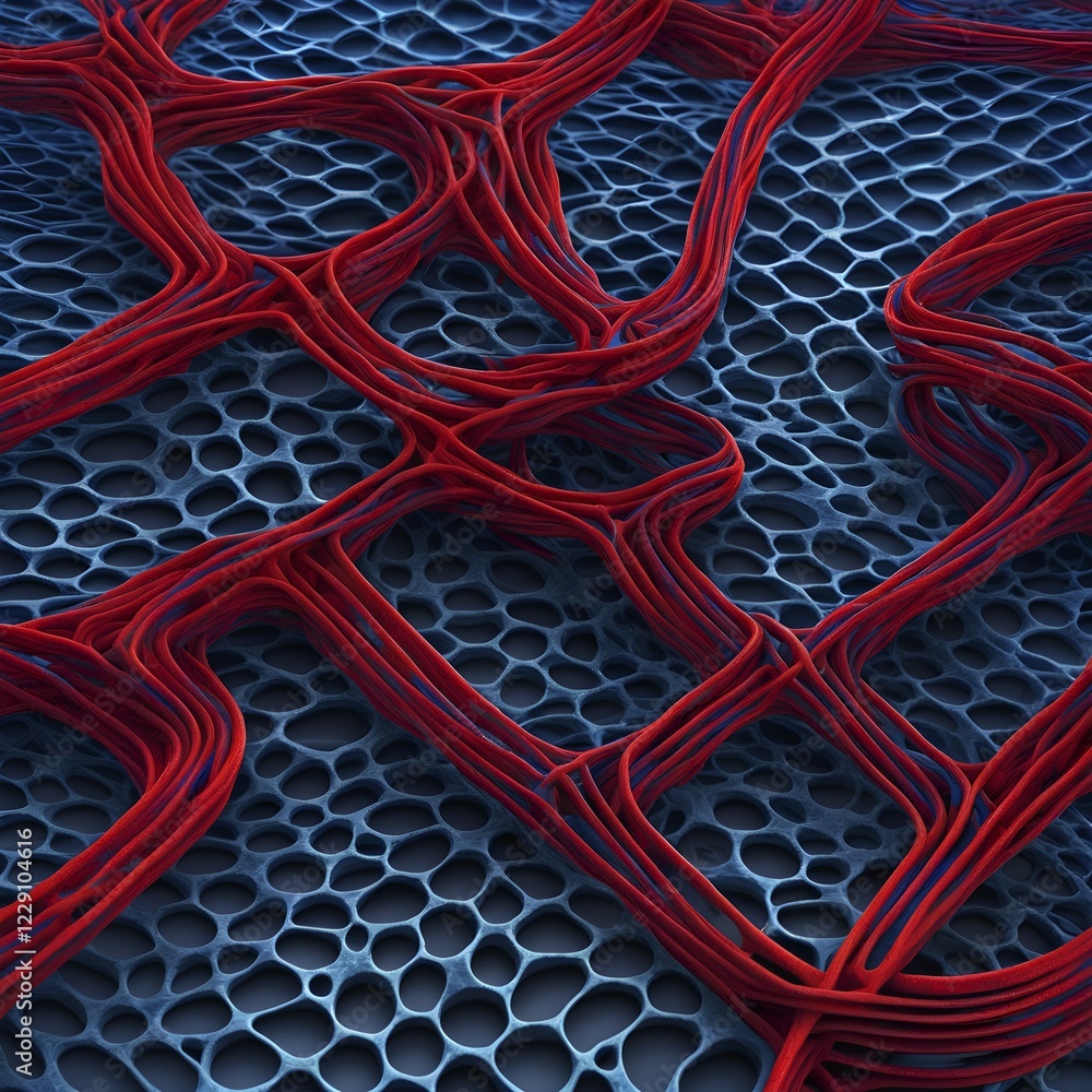Poster abstract rendering of organic grid structure in a complex pattern in in orange color, ai generated