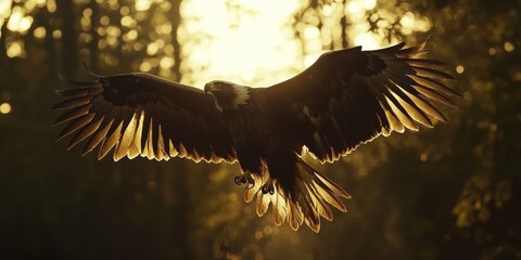 Fototapeta premium A large eagle is flying through the forest, with the sun shining on its wings. Concept of freedom and power, as the eagle soars through the trees with grace and strength. The warm