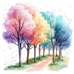 Obraz premium Watercolor forest clip art, pastel colors, spring trees, path, white background
