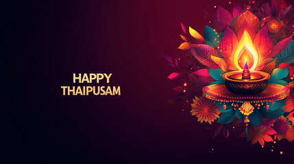 Thaipusam banner and background with colorful mandala design with diya lamp in dark red background color.