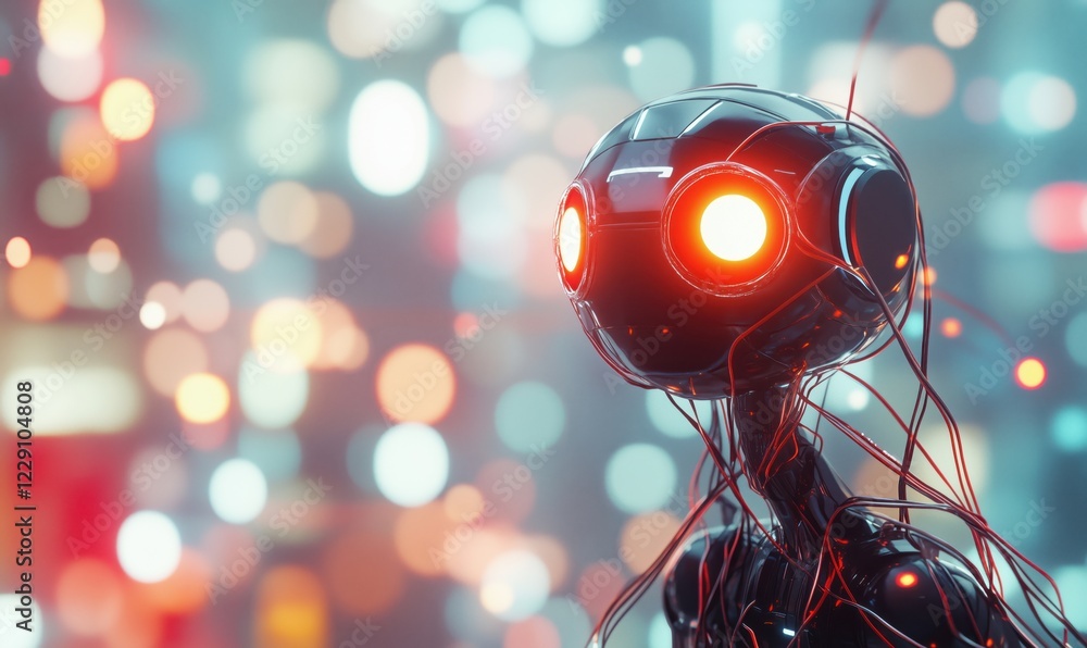 Poster futuristic robot with glowing eyes and intricate wiring against a bokeh background, showcasing advan
