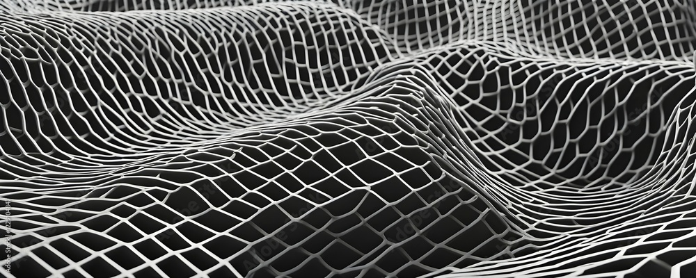 Poster abstract rendering of organic grid structure in a complex pattern in black and white, ai generated