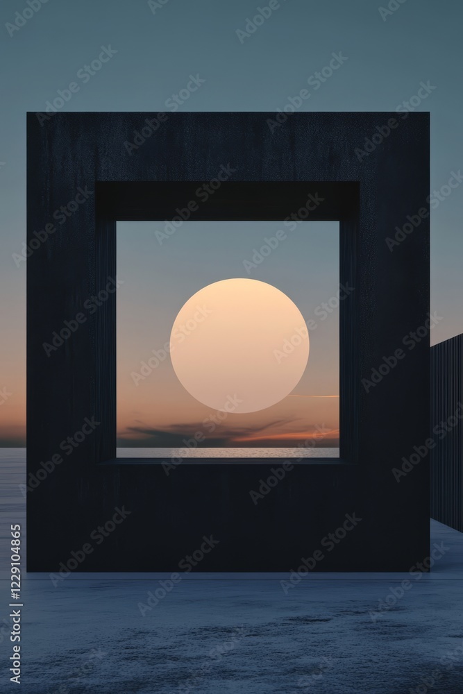 Poster a surreal sunset framed by a modern geometric structure over calm waters, creating a minimalist and 
