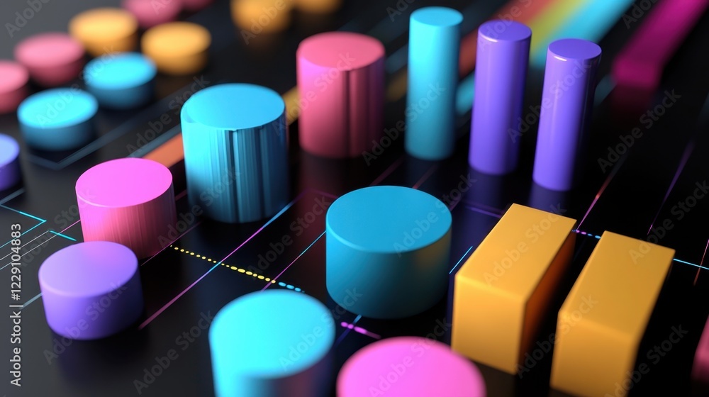 Poster a d illustration of data flows with colorful graphs and glowing bar charts.