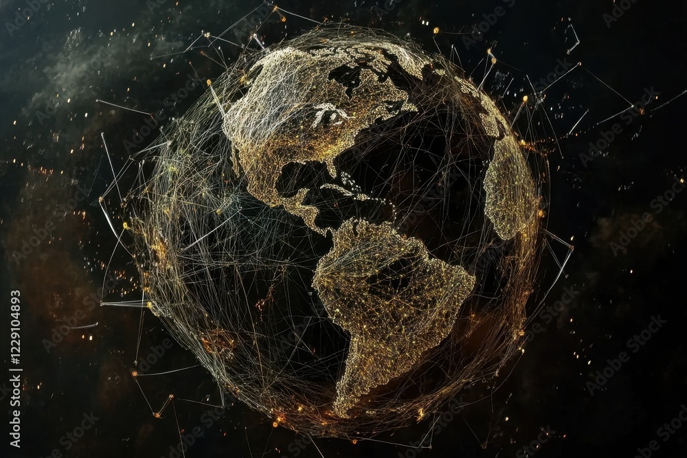Poster digital visualization of modern networking across continents in a connected world, digital earth vis