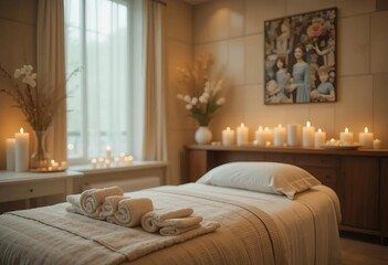 A cozy and inviting scene with a tray of aromatherapy items, a lit candle, and a vase of flowers on a wooden table.