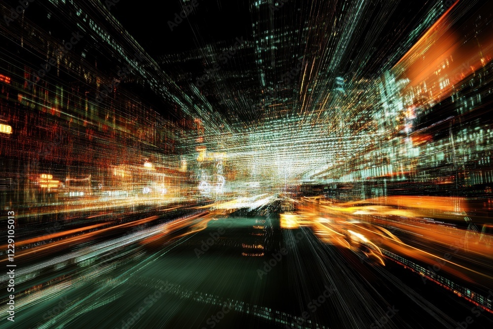 Poster captivating light trails and data patterns create dynamic energy on a black background, light trails