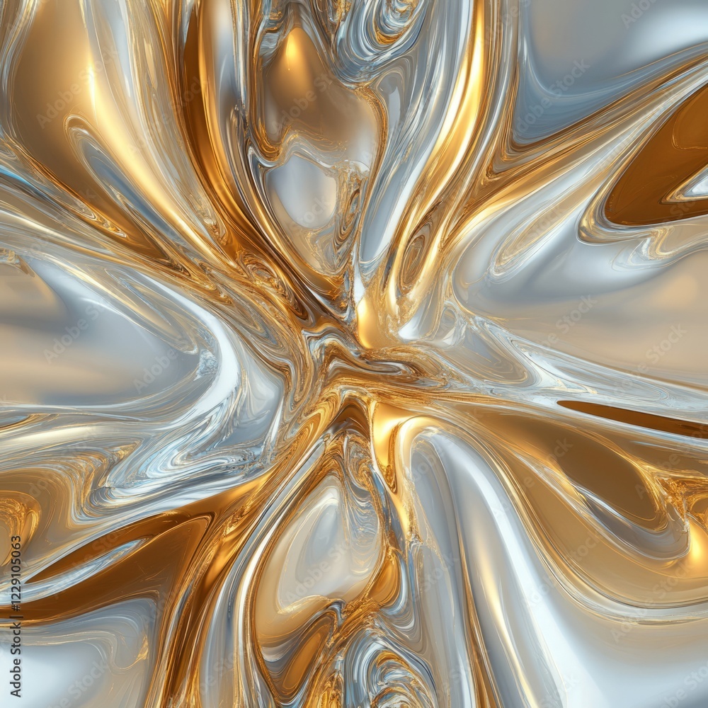 Poster dynamic abstract design featuring swirling gold and silver metallic textures, creating a fluid and r