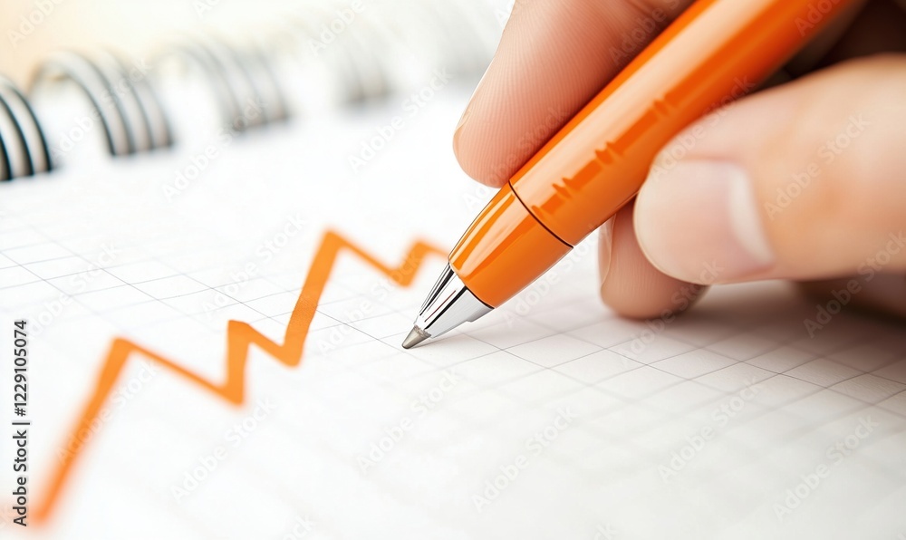 Poster graphing financial trends with orange pen on grid notebook, illustrating upward movement in data ana