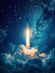 A rocket launching into space at night, surrounded by stars and clouds, creating a dramatic and inspiring scene