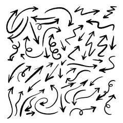 Hand drawn linear curved arrows set for highlighting and emphasizing in designs.