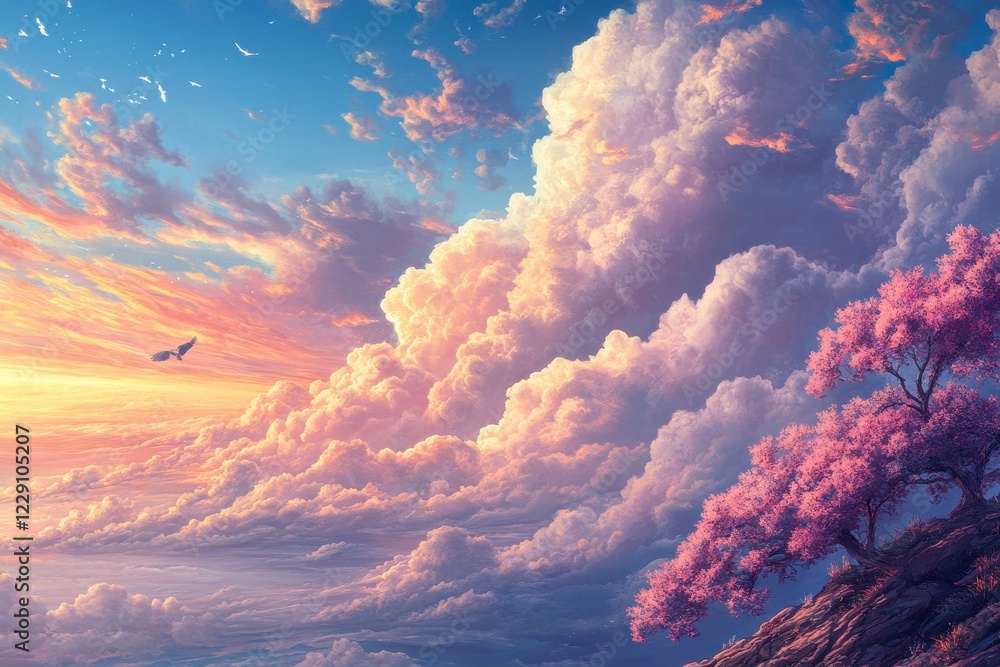 Poster majestic clouds illuminated by sunset with a blooming tree in a serene landscape, background clouds