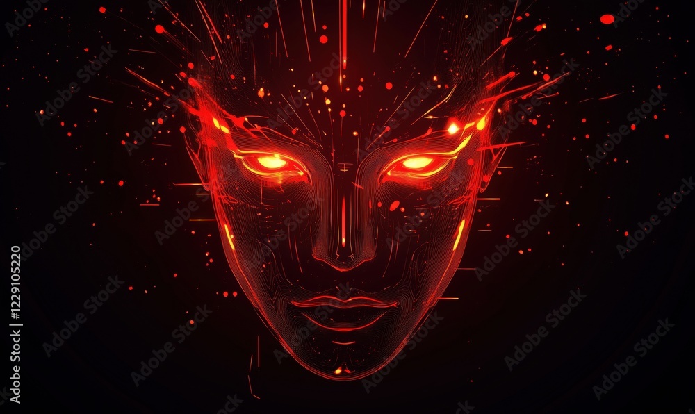 Poster futuristic digital face with glowing eyes and fiery elements, showcasing advanced technology and art