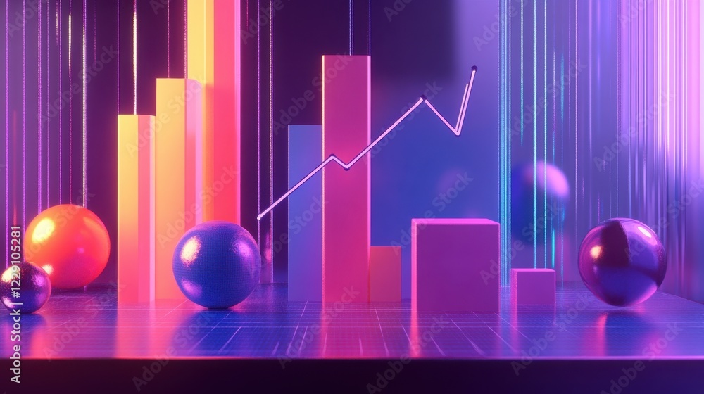 Poster a bar graph and trend line juxtaposed with futuristic tech visuals.