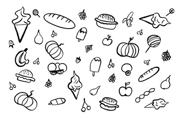 Simple hand drawn sketch elements ice cream, pumpkin, caramel and other sweets in doodle line style. Vector graphic elements set.