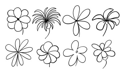 Black ink sketched floral collection on a white canvas. Vector rough line depiction of various plants.