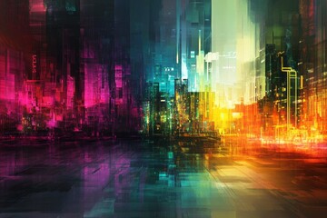Obraz premium A digital artwork showcasing a futuristic cityscape with neon lights and abstract geometric patterns, capturing the essence of urban nightlife.