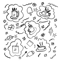 Set of hand drawn doodle grunge line elements cup of coffee, ice cream and others. Vector black elements design in scribble stroke style.