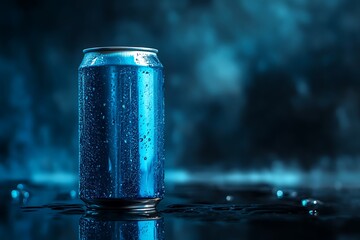 Drink can on a dark background with smoke and fog. Selective focus.