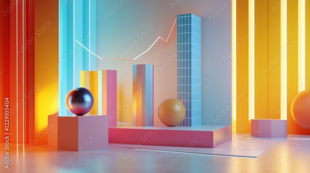 Aufkleber a bar graph and trend line juxtaposed with futuristic tech visuals.