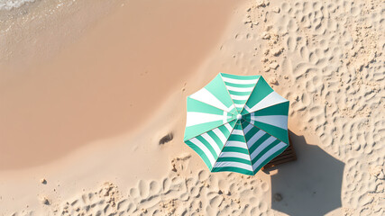 Naklejka premium Striped beach umbrella on sandy coast, aerial top view. Space for text. Generative AI