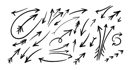 Set of grunge doodle elements curved arrows for graphic design. Hand drawn elements in simple scribble style.