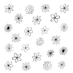Abstract floral set sketched in black ink on a white backdrop. Vector illustration of botanical elements with expressive strokes.