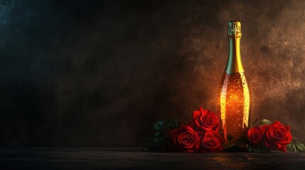 A bottle of sparkling wine surrounded by red roses on a dark background.