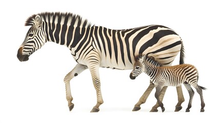 Fototapeta premium A zebra foal trotting alongside its mother, the white background emphasizing their stripes