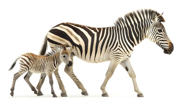 A zebra foal trotting alongside its mother, the white background emphasizing their stripes